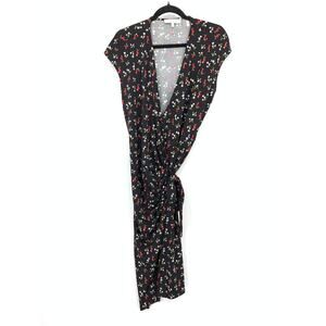 Lark & Ro Wrap Dress Womens Size Large Black Red White Floral Print Cap Sleeve